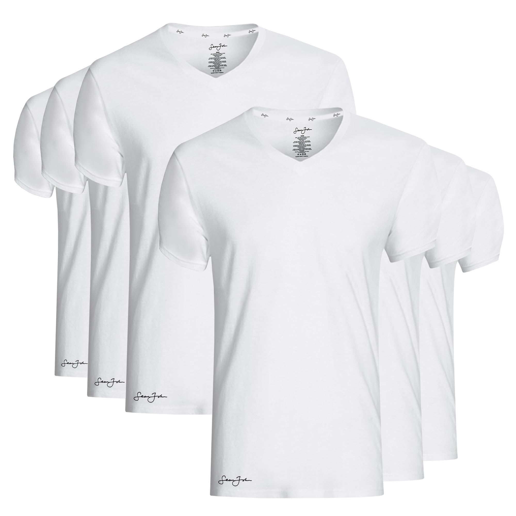 Sean John6-Pack Men's Essential V-Neck Undershirts – Breathable, Tagless, Mens T Shirt – 60% Cotton / 40% Polyester (as1, Alpha, s, Regular, Regular, White)