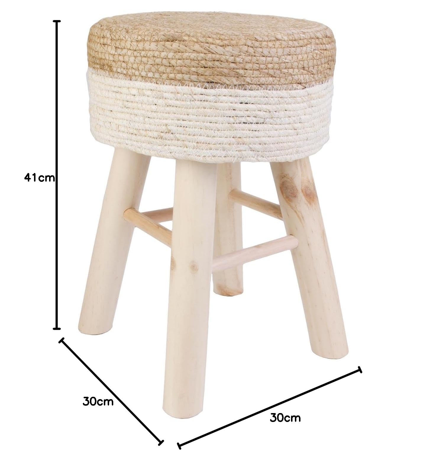 Sgabello rotondo in iuta, diametro 30 cm, altezza 42 cm, gambe in legno naturale, design bicolore marrone/bianco