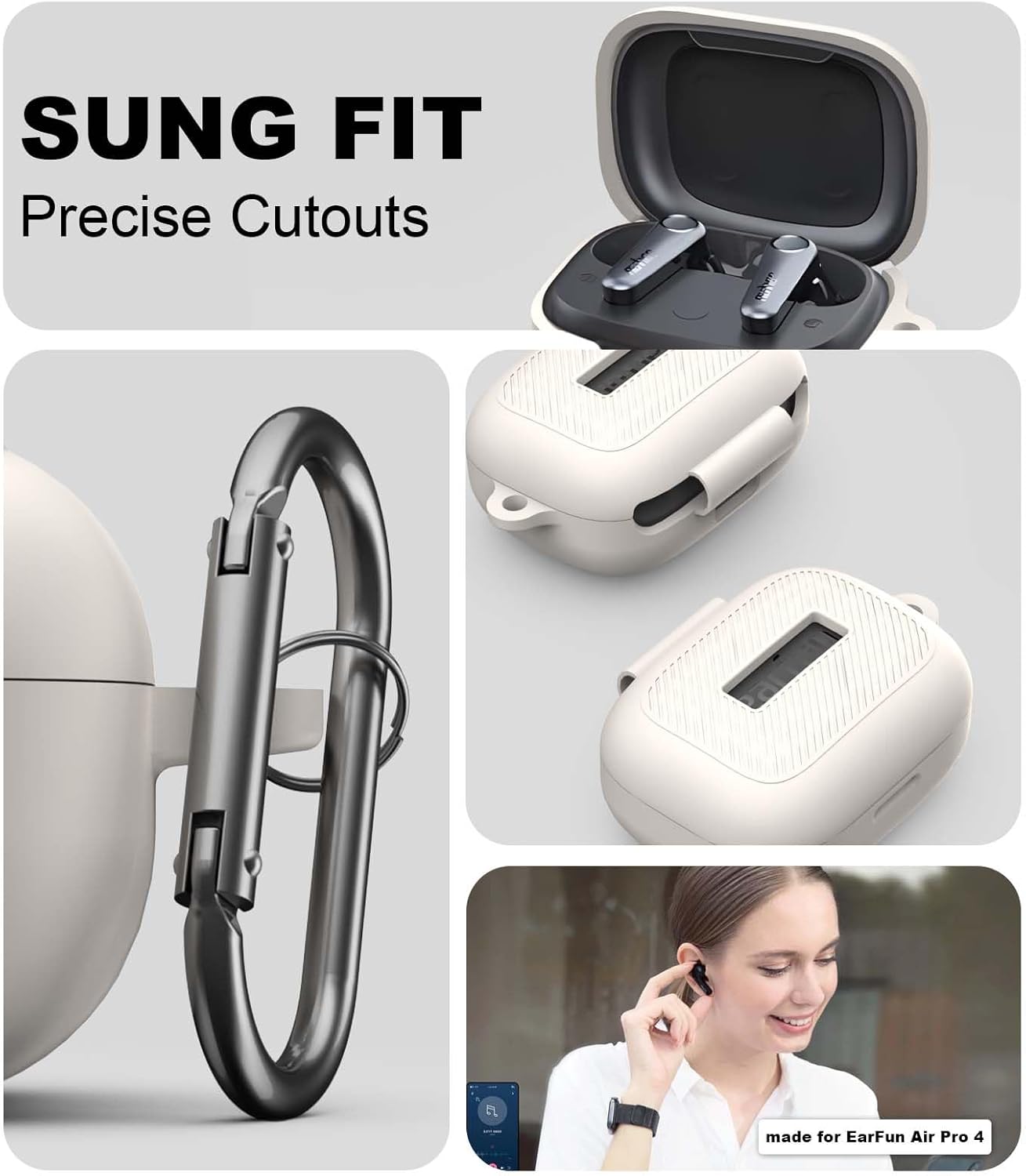 for EarFun Air Pro 4 Case Cover, Soft Silicone Protective Portable Scratch Shock Resistant Logo Visible Design Cover Compatible with EarFun Air Pro 4 Charging Case with Carabiner-Apricot - Image 3