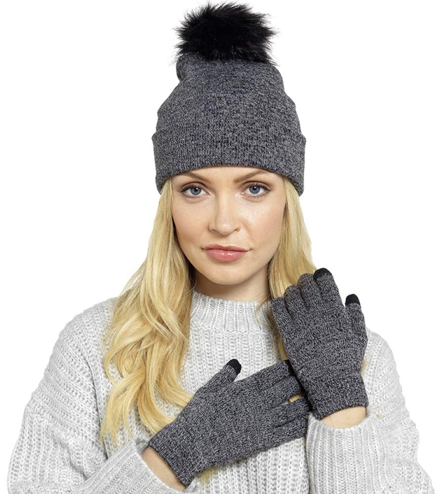 Foxbury Ladies Bobble Hat & Touch Screen Gloves Set Grey & Black