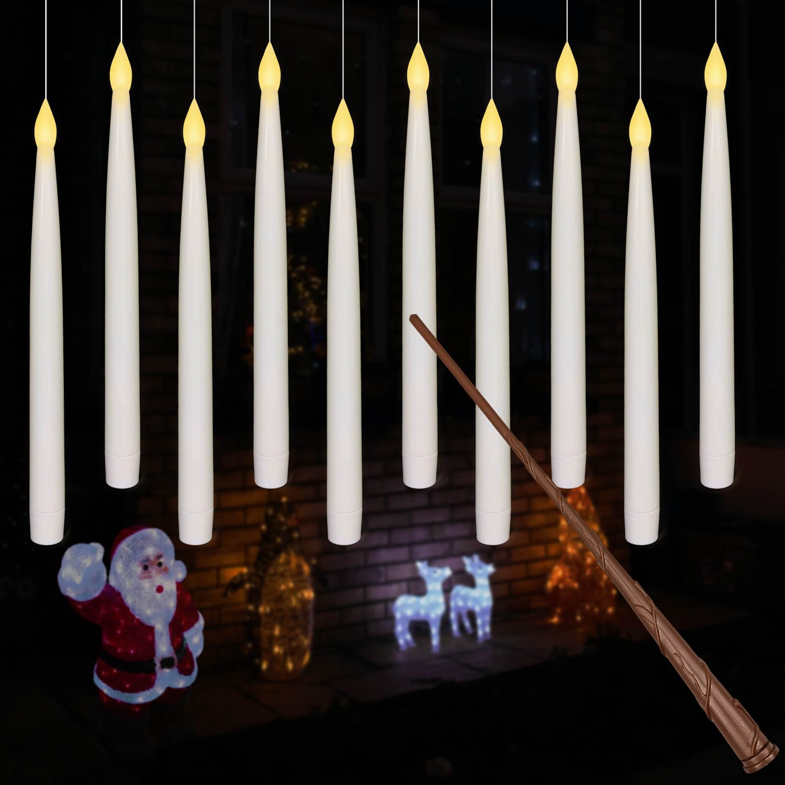 Leejec 10 Pcs of 10.8" Floating Candles with Magic Wand Remote, Halloween Decorations, Indoor Christmas Home Decor, Flickering Warm Light, Battery Operated Flameless Taper LED Electric Window Candle