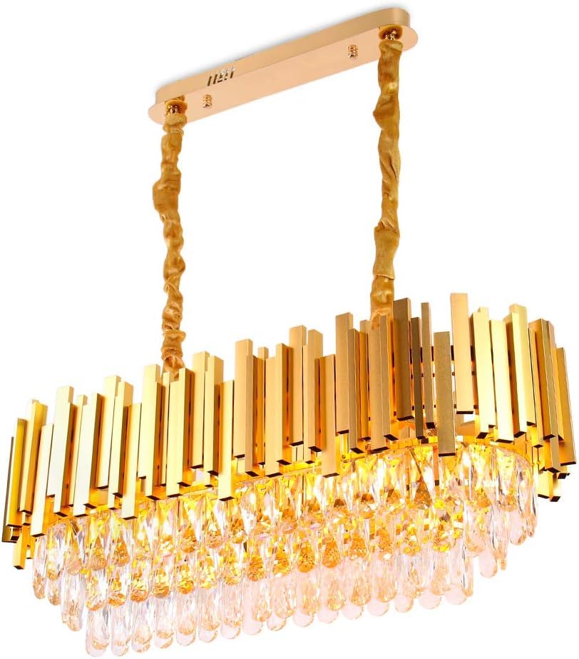 FRIXCHUR Modern Crystal Chandelier 31.5'' Gold Luxury K9 Crystal Flush Mount Ceiling Light 3-Tier Crystal Chandeliers Oval Crystal Ceiling Pendant Light Chandelier for Dining Table Kitchen Island