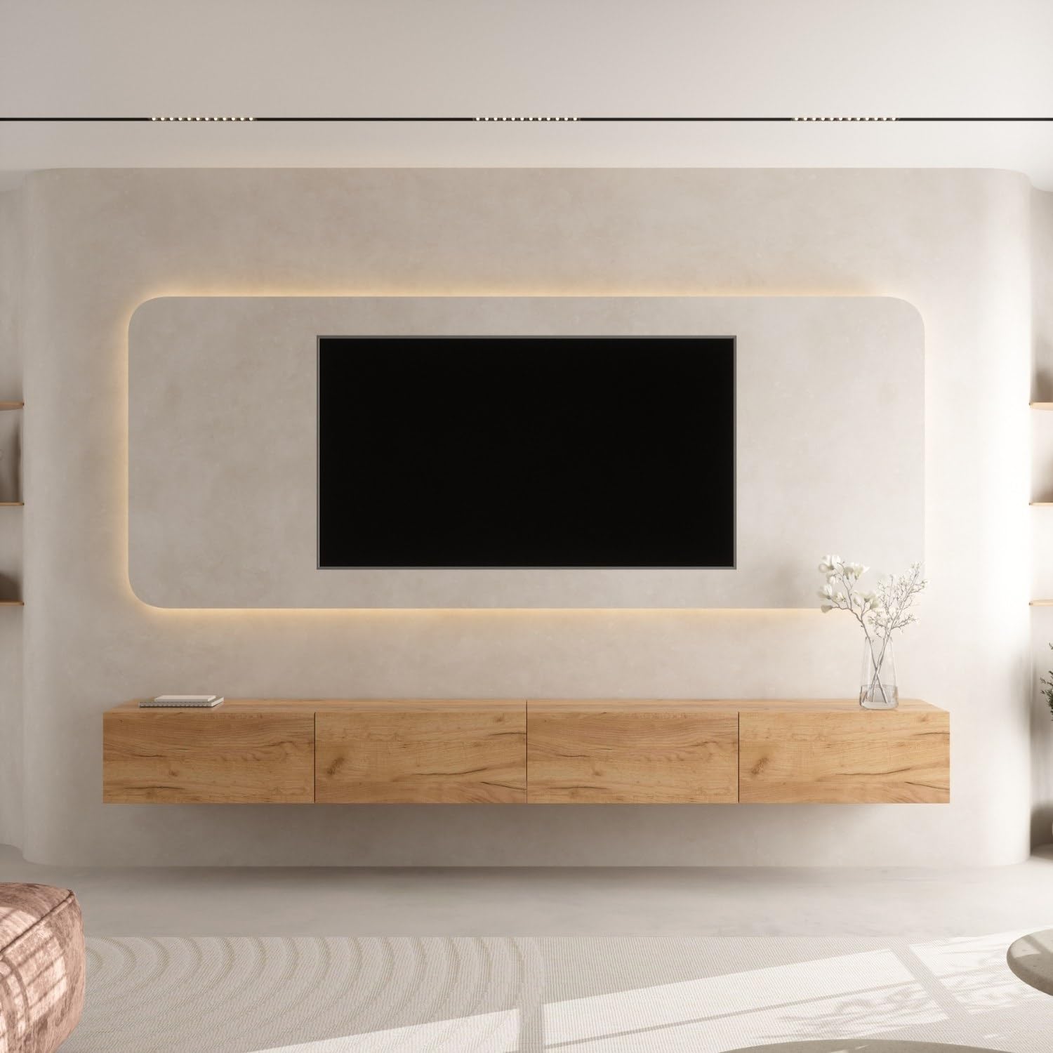 Planetmöbel West TV-Schrank, Fernsehtisch 280 cm lang, TV-Board | für Fernseher bis 65 Zoll, TV Board viel Stauraum, lowboard hängend, 2x Fernsehschrank 140 x 30 x 37,5 cm, gold eiche