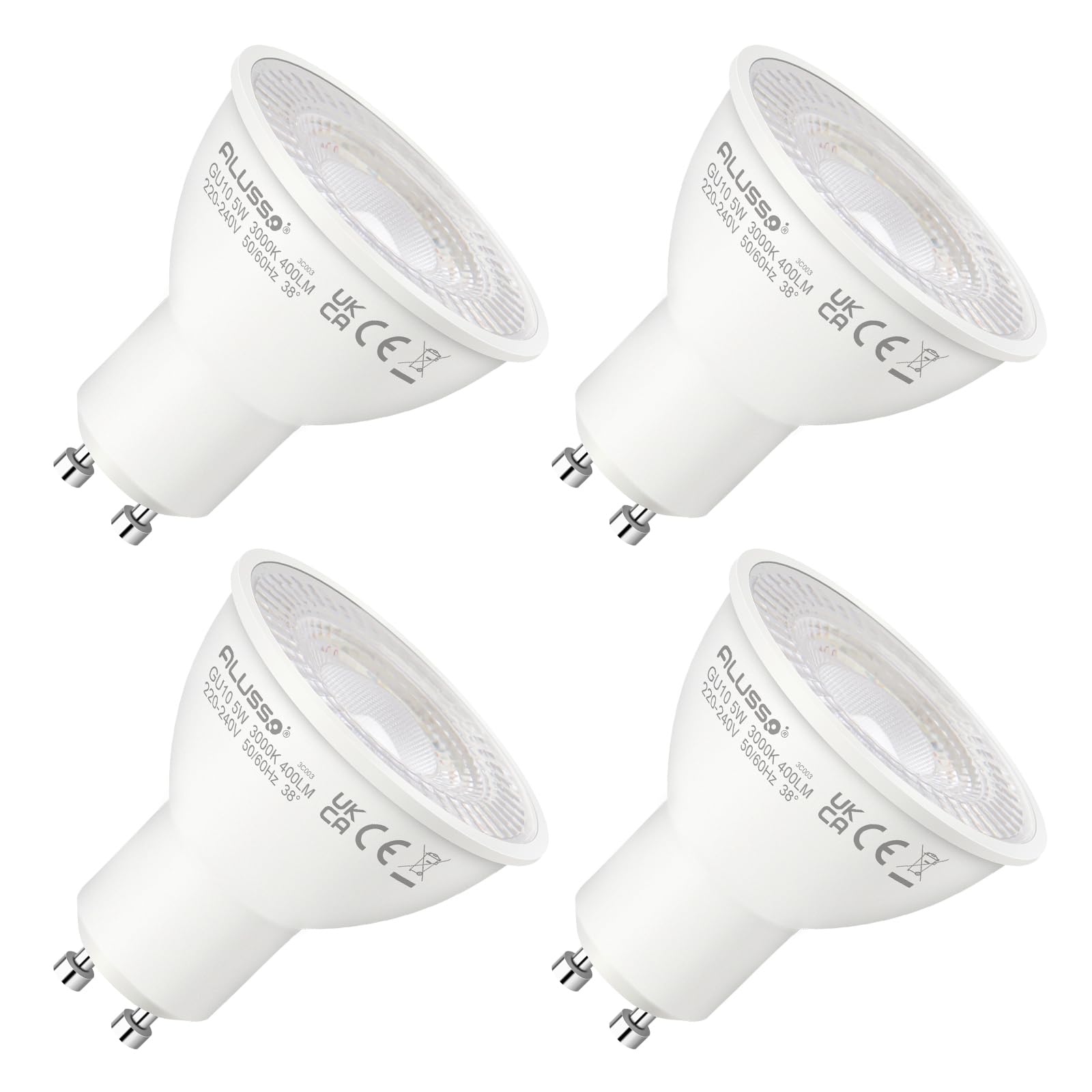 ALUSSO 5W GU10 LED Lampe, 450 Lumen Warmweiß 3000 Kelvin LED Leuchtmittel, Birne ersetzt 35W Halogen, 38° Abstrahlwinkel Spotlight, Nicht Dimmbar, AC 220V-240V, 4 Stück