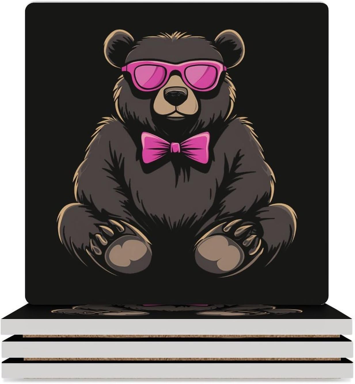 Bear Coasters for Drinks Square Table Coasters Set Cup Mats with Cork Base