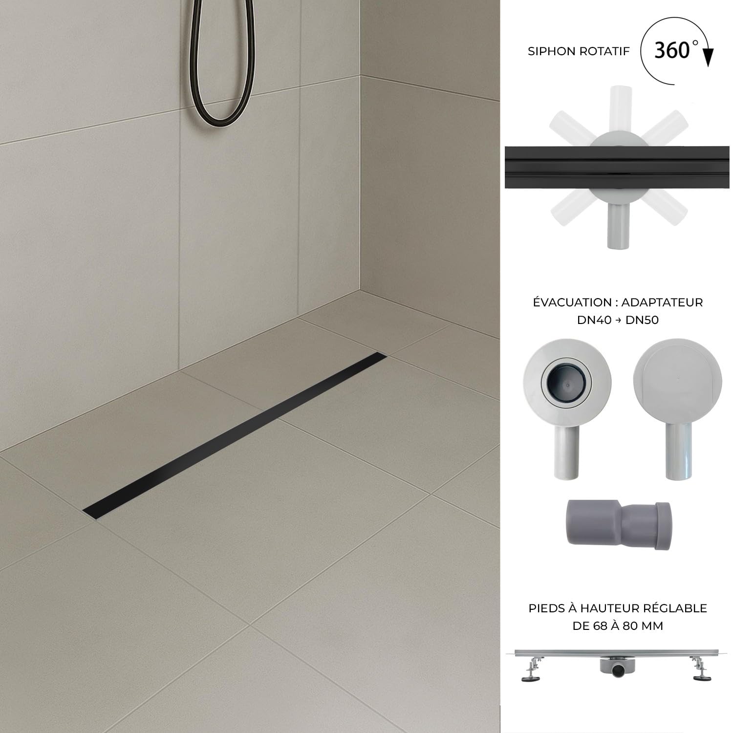 SAMY Caniveau de douche italienne compact noir L.70 cm siphon 360°, drainage 36l/min, hauteur réglable