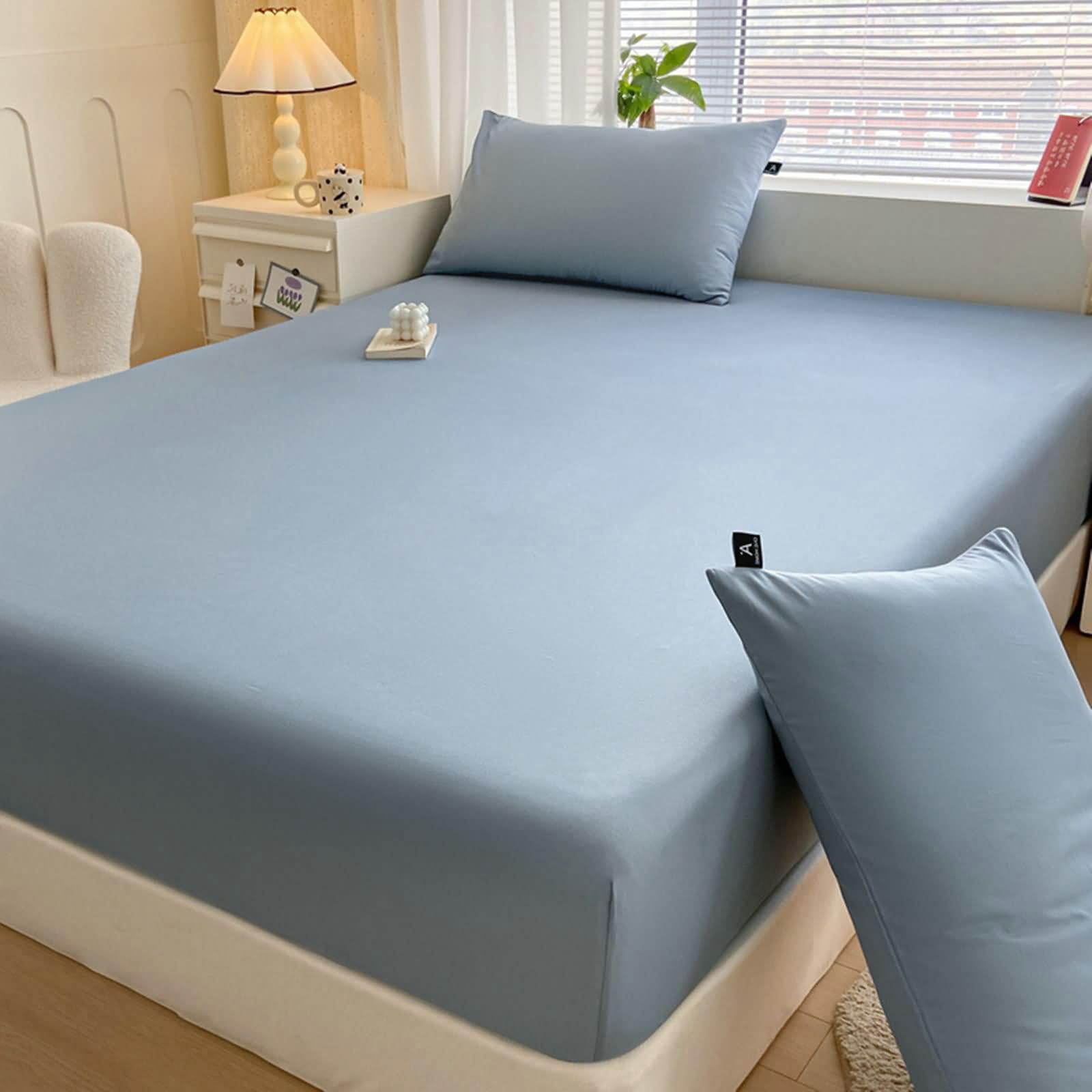 Pack de 3 Piezas Sabana Bajera Algodón Elastica, Color Sólido, 180 x 200 CM + 2 Fundas de Almohada, Sábanas Bajeras Lago Azul