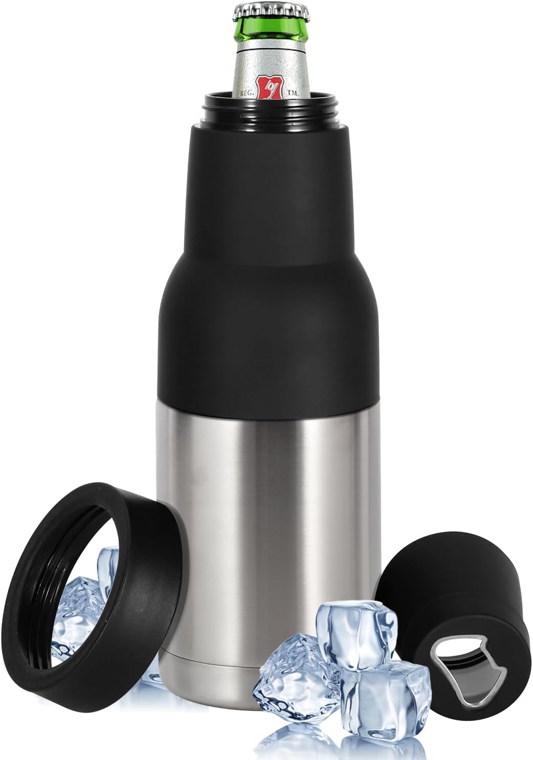 12oz Universal Beer Bottle Holder Double Walled SS Beer Bottle Cooler 3 in 1 Can Koozie with Beer Opener Vacuum Insulated - fit Fishing,Camping Outdoor Activities and Nice Gift for Men(Silver)