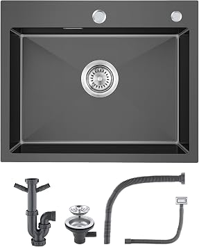 Sink 304 Stainless Steel 50 x 45 cm, Black Grey Stainless Steel Sink, Countertop Sink with Tap Hole and Overflow No Siphon, Kitchen Sink 1 Rectangular Bowl