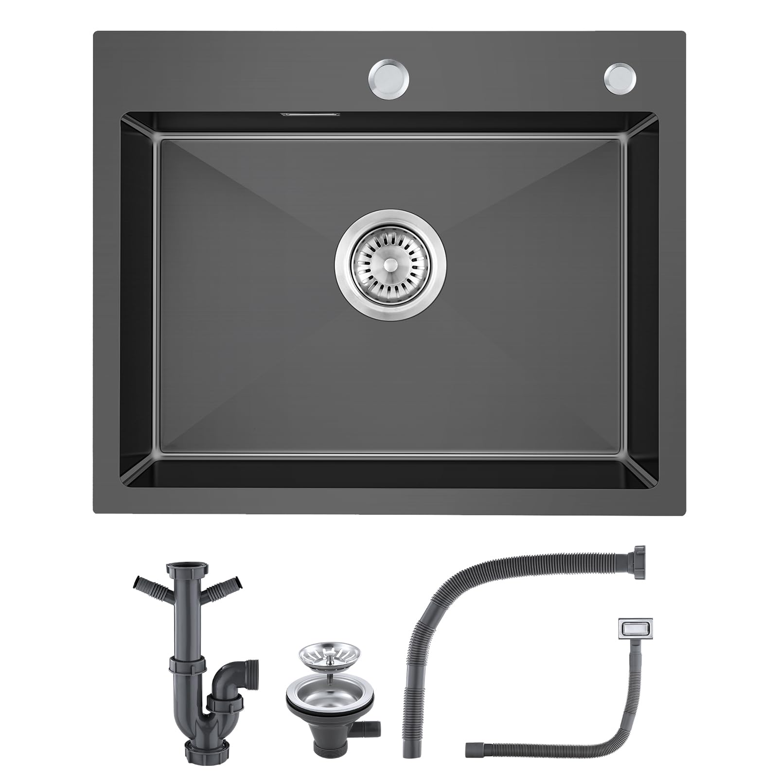 KINKIBOS Sink 304 Stainless Steel 50 x 45 cm, Black Grey Stainless Steel Sink, Countertop Sink with Tap Hole and Overflow (No Siphon), Kitchen Sink 1 Rectangular Bowl