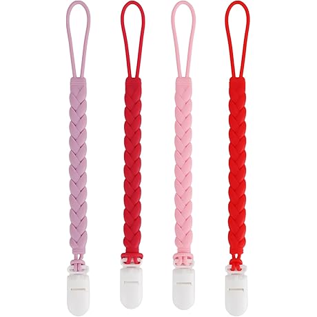 Stylish Silicone Pacifier Clips 4-Pack for Baby Boys and Girls, Woven Rope...