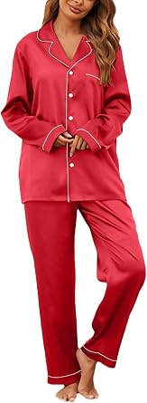 IFFEI 2 Pieces Silk Satin Womens Pajamas Set Button-Down Long Sleeve Girls Pajamas with Pockets