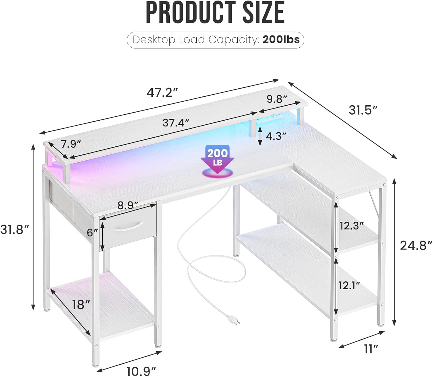DUMOS 47” Gaming Desk with USB Charging Ports & LED Lights, Reversible L Shaped Desks Computer Corner Gamer Table with Power Outlets Monitor Stand Storage Shelves for Home Office Small Space, White