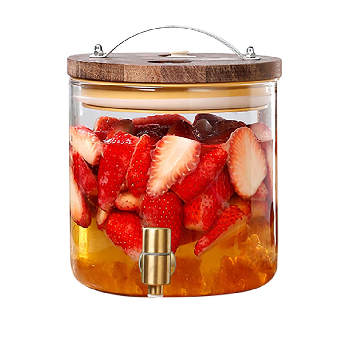 Dispensador De Agua Redondo Con Grifo Sin Fugas|Dispensador De Bebidas De Gran Capacidad|Tapa De Madera|Boca Ancha Fácil Llenado|Jugo, Cerveza, Ponche,1,5L-Grifo De Acero Inoxidable,Sin Base