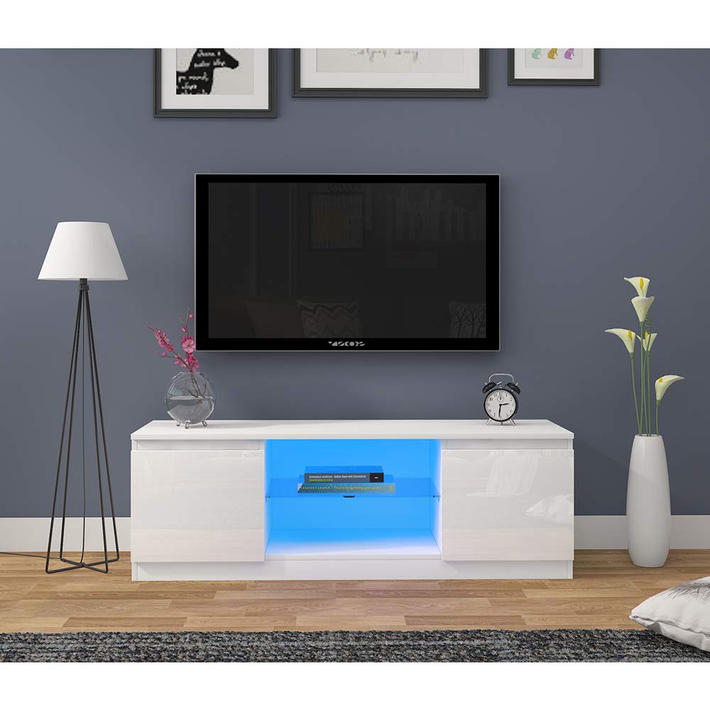 TV Cabinet Unit Stand LED RGB Light Matt body and High Gloss Doors in White - 120x39x40cm