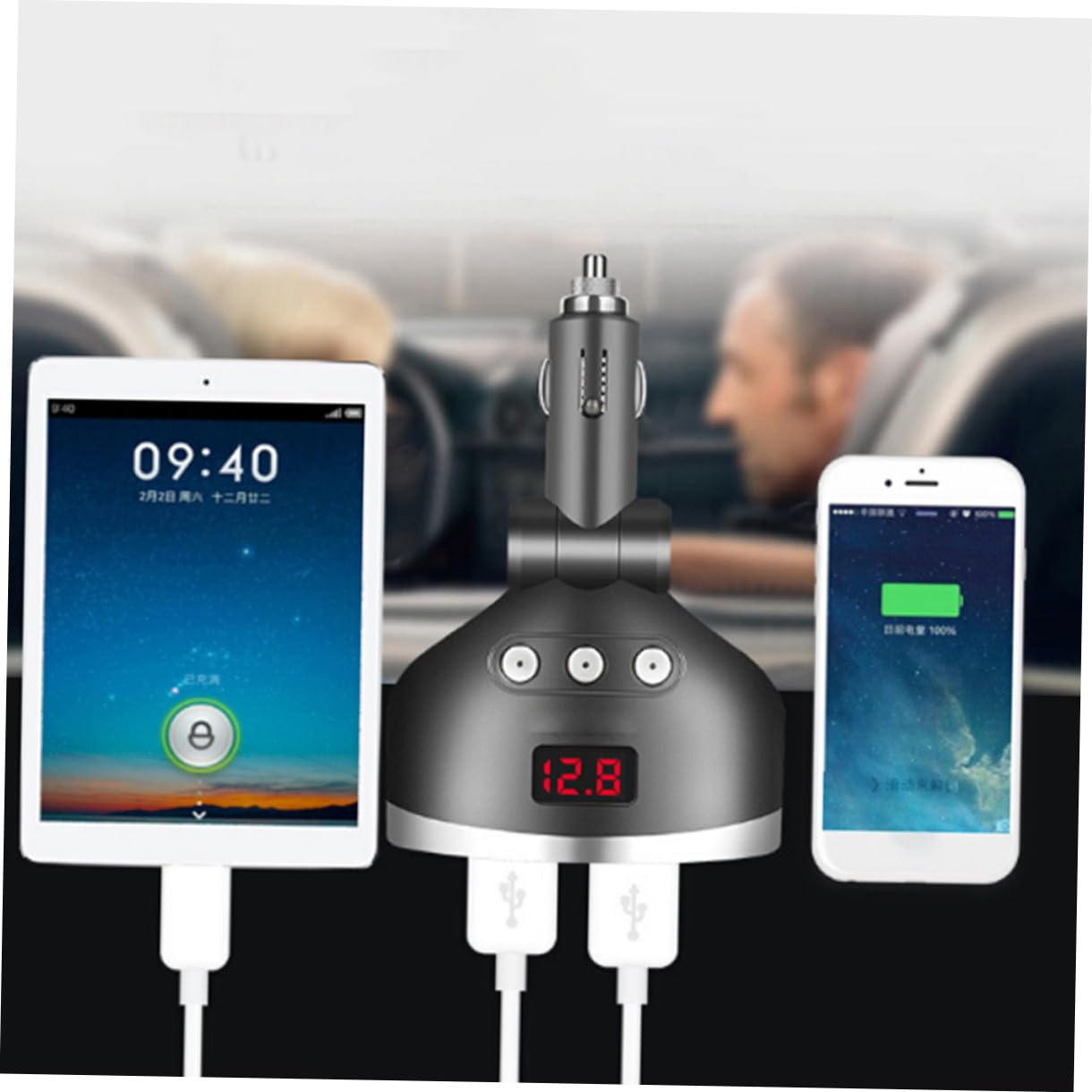 ULTECHNOVO 2piezas Cargador De Coche Enchufes con Puertos USB y Adaptador Mechero para Dispositivos Móviles Pantalla Led De Voltaje Carga Rápida para y Negro