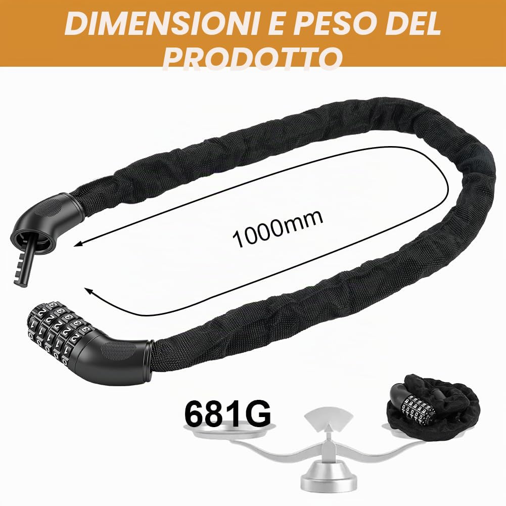 Ainiv Lucchetto Bici Catena, Antifurto a Combinazione a 5 Cifre, Lucchetto Bici Antifurto, Alta Qualità Antifurto Moto per Varie Bicicletta, Moto, E-Bike, MTB,Scooter (100cm)