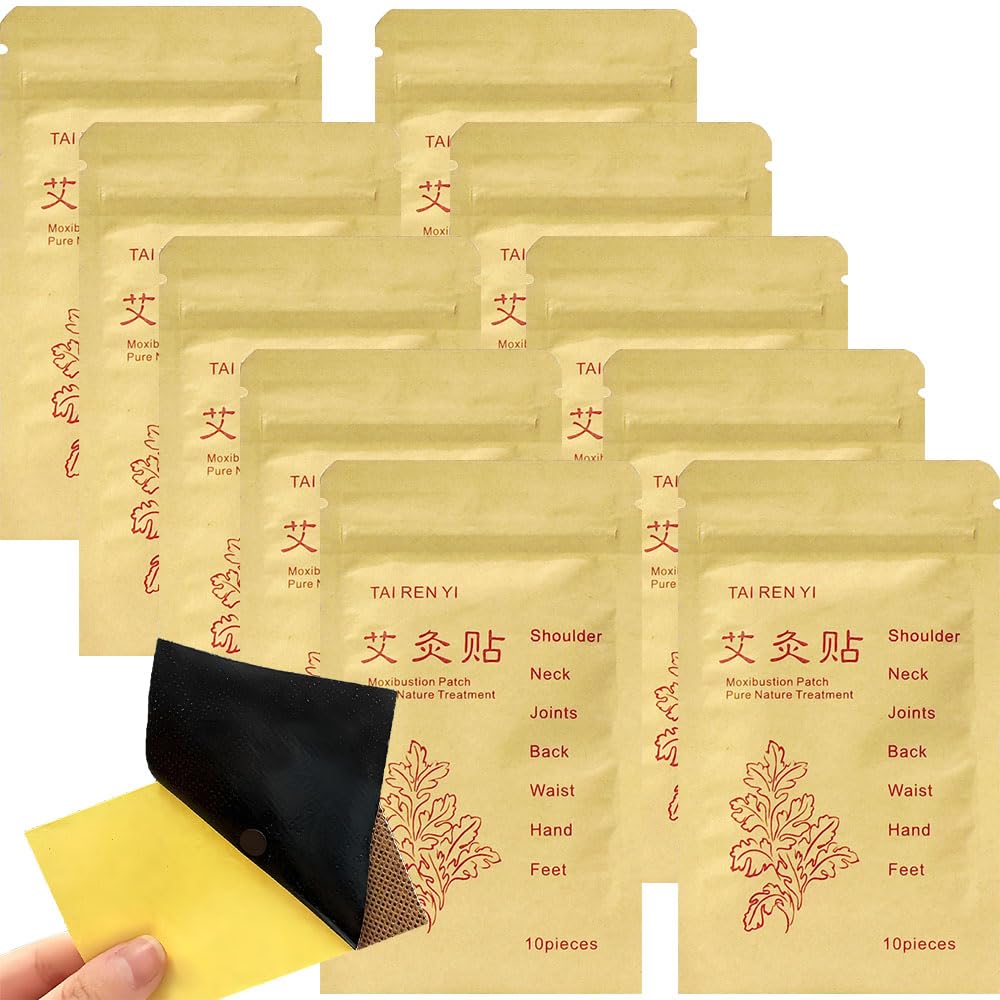 (100pcs) Moxibustion Patches 艾灸贴 Pure Nature Moxa Sticker Foot Pads Chinese Traditional Paste for Neck, Shoulder, Back, Waist, Hand, Feet, Joint, 7 * 10cm, Pack of 10