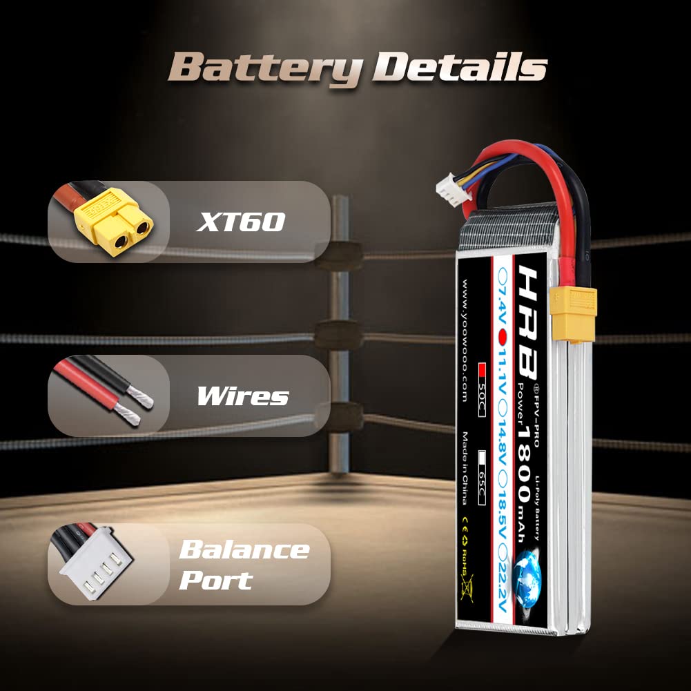 HRB 2 Paquetes 11.1V 1800mAh 3S 50C Batería LiPo con XT60 Plug para Skylark M4-FPV250 Mini Shredder 200 INDY250 Plus Mojo 280 QAV250 Vortex Emax Nighthawk 250 RC Heli Plane UAV Drone FPV