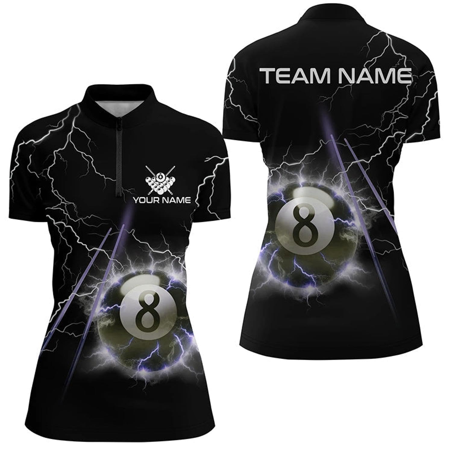 Personalized Thunder Lighting Black 8 Ball Billiard 3D Quarter Zip Shirts for Women 8 Ball Jerseys V1031