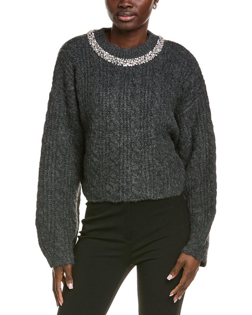 endless rose Womens Jewel Embroidered Fuzzy Cable Chunky Wool-Blend Sweater M Grey