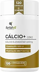 CÁLCIO + D3 K2 MK7-120 Cápsulas, Longa duração: 2 Meses de Uso - Cálcio Elementar (400mg) Vitamina D3, Vitamina K2-MK7, Fortalvit