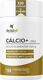 CÁLCIO + D3 K2 MK7-120 Cápsulas, Longa duração: 2 Meses de Uso - Cálcio Elementar (400mg) Vitamina D3, Vitamina K2-MK7, Fortalvit