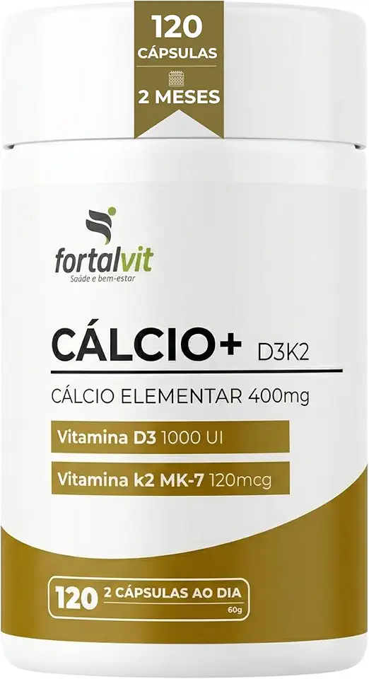 CÁLCIO + D3 K2 MK7-120 Cápsulas, Longa duração: 2 Meses de Uso - Cálcio Elementar (400mg) Vitamina D3, Vitamina K2-MK7, Fortalvit