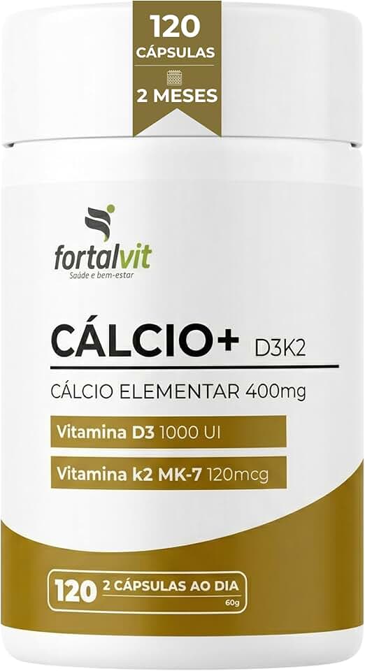 CÁLCIO + D3 K2 MK7-120 Cápsulas, Longa duração: 2 Meses de Uso - Cálcio Elementar (400mg) Vitamina D3, Vitamina K2-MK7, Fortalvit