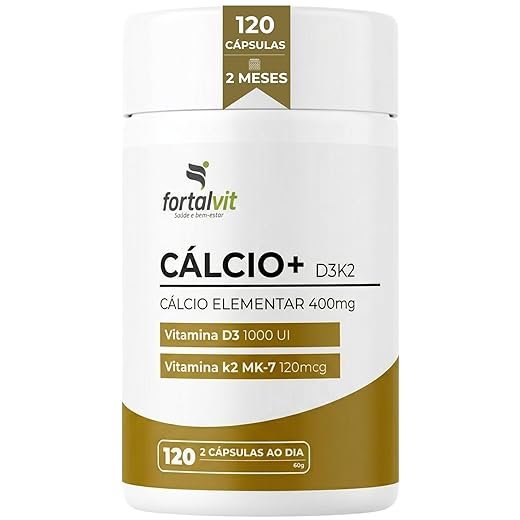 CÁLCIO + D3 K2 MK7-120 Cápsulas, Longa duração: 2 Meses de Uso - Cálcio Elementar (400mg) Vitamina D3, Vitamina K2-MK7, Fortalvit
