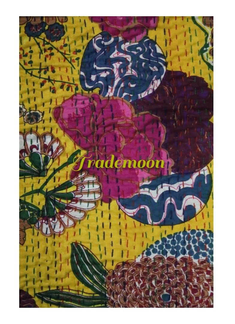 Trapunta Kantha indiana intrecciata a mano con stampa floreale, copriletto, copriletto, coperta (matrimoniale 228,6 x 274,3 cm)