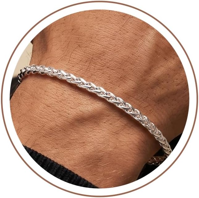 Silver Bracelet for Men, 5MM 925 Sterling Silver Over Wheat Chain Bracelet | Diamond Cut Silver Bracelets Gifts for Men Husband 7.5/8/8.5/9 Inch