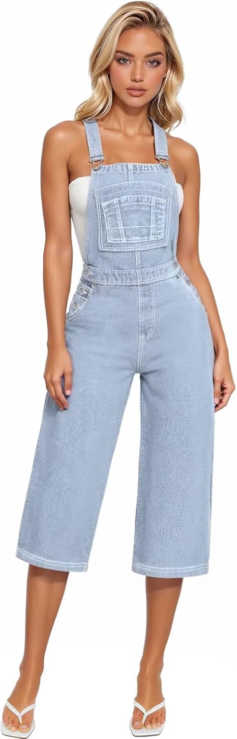 Hybrid & Company Womens Denim Bib Sleeveless Overalls Utility Rompers Capri Jumpsuit with Pockets