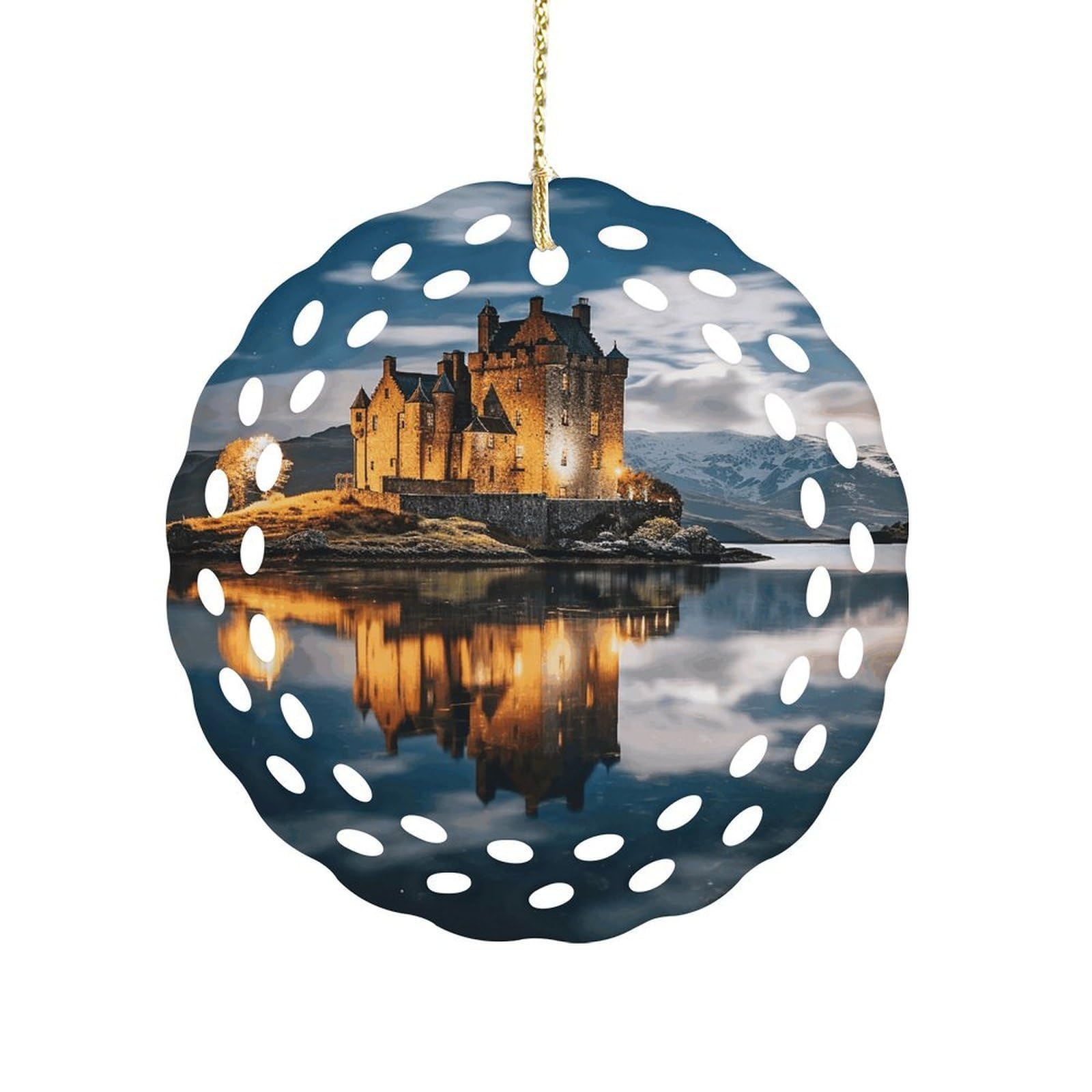 Btcowzrv Style A Castle By The Lake Ceramic Ornament,Round Ornaments With Hole Easy To Hang,Hanging Ornament For Wedding Party Home Window Garden Christmas Day Decor