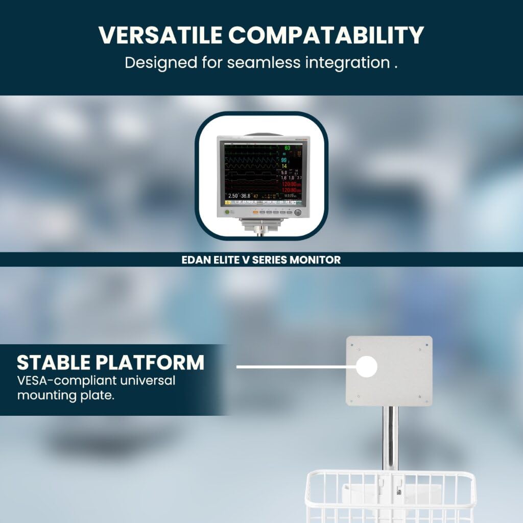 Rolling Stand for Edan Elite V Series Vital Signs Monitor, (Monitor NOT Included), Blood Pressure Cuff Basket, Adjustable Pole, and Cord Organizer