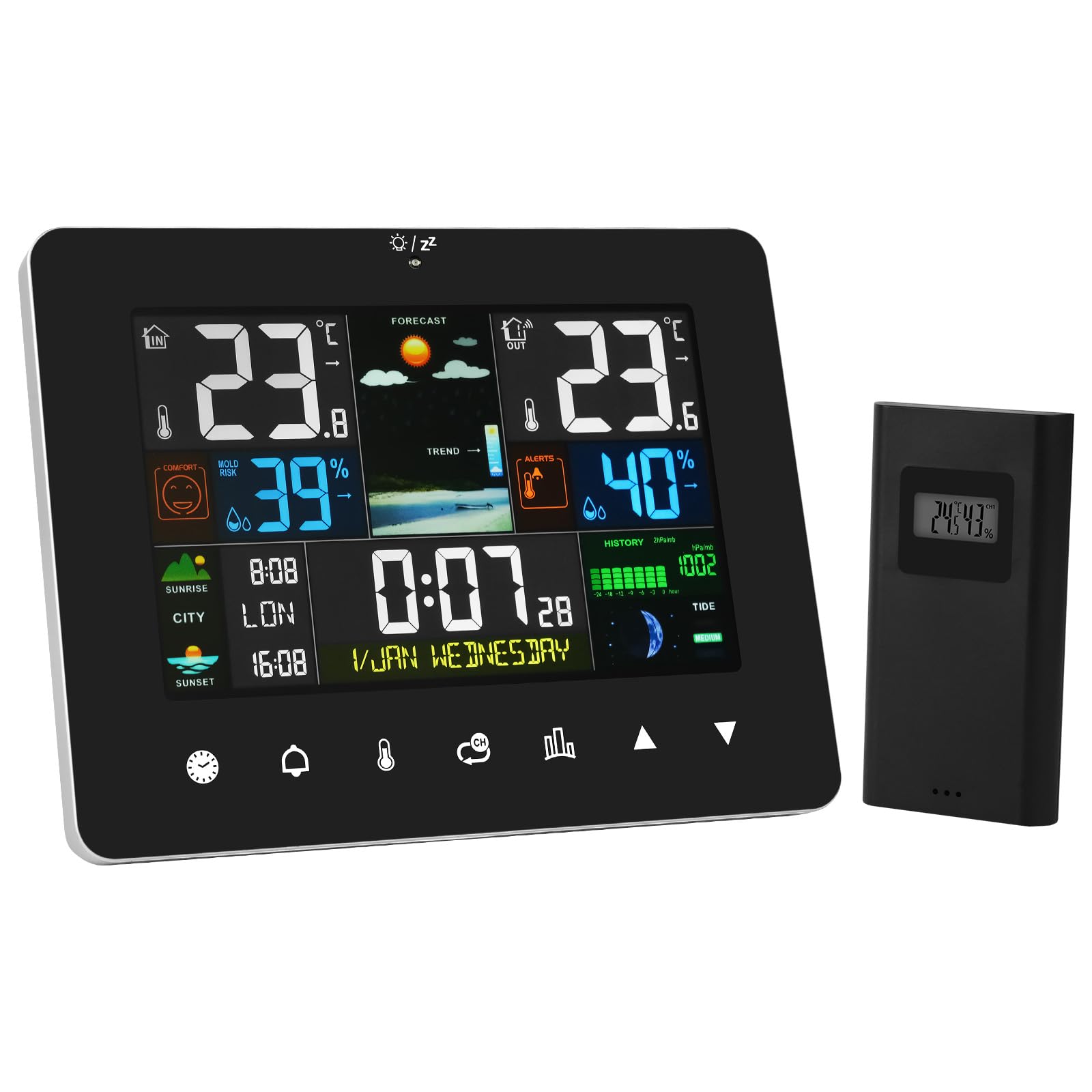 OFFCUP Stazione Meteorologica Wireless con Sensore Esterno LCD Display Colori Retroilluminazione Previsioni Tempo Barometro Fasi Lunari Sveglia Igrometro Nero