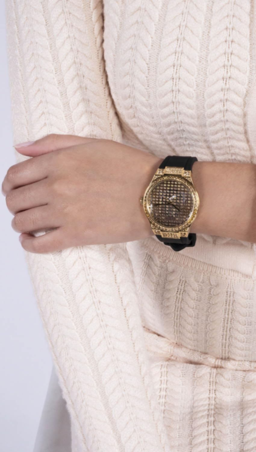 Guess US Women's Clear Gold-Tone and Black Silicone Analog Watch