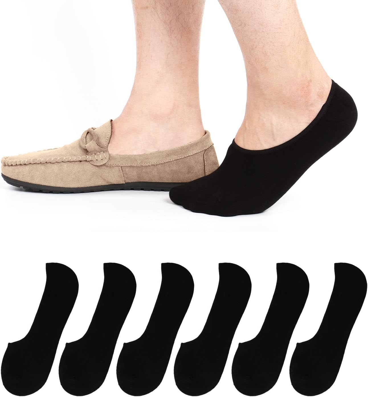 6 Pack No Show Socks Mens Casual Low Cut Thin Loafers Non Slip Boat Liners (9-13, Black)