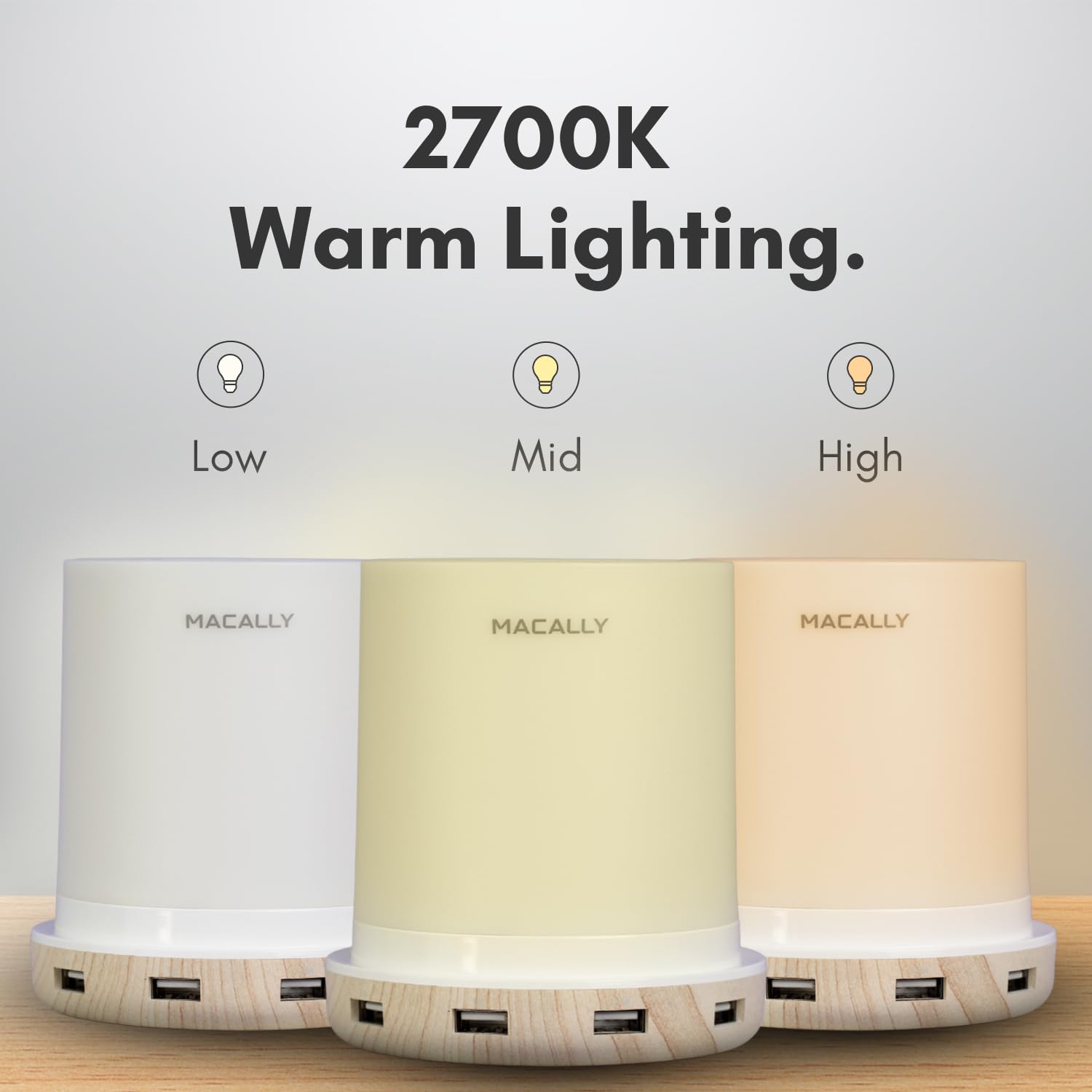 Macally Lámparas táctiles pequeñas para mesita de noche, lámpara de noche con puerto USB, lámpara de mesa corta regulable de 3 vías para espacios pequeños, uso como luz nocturna y cargador en el
