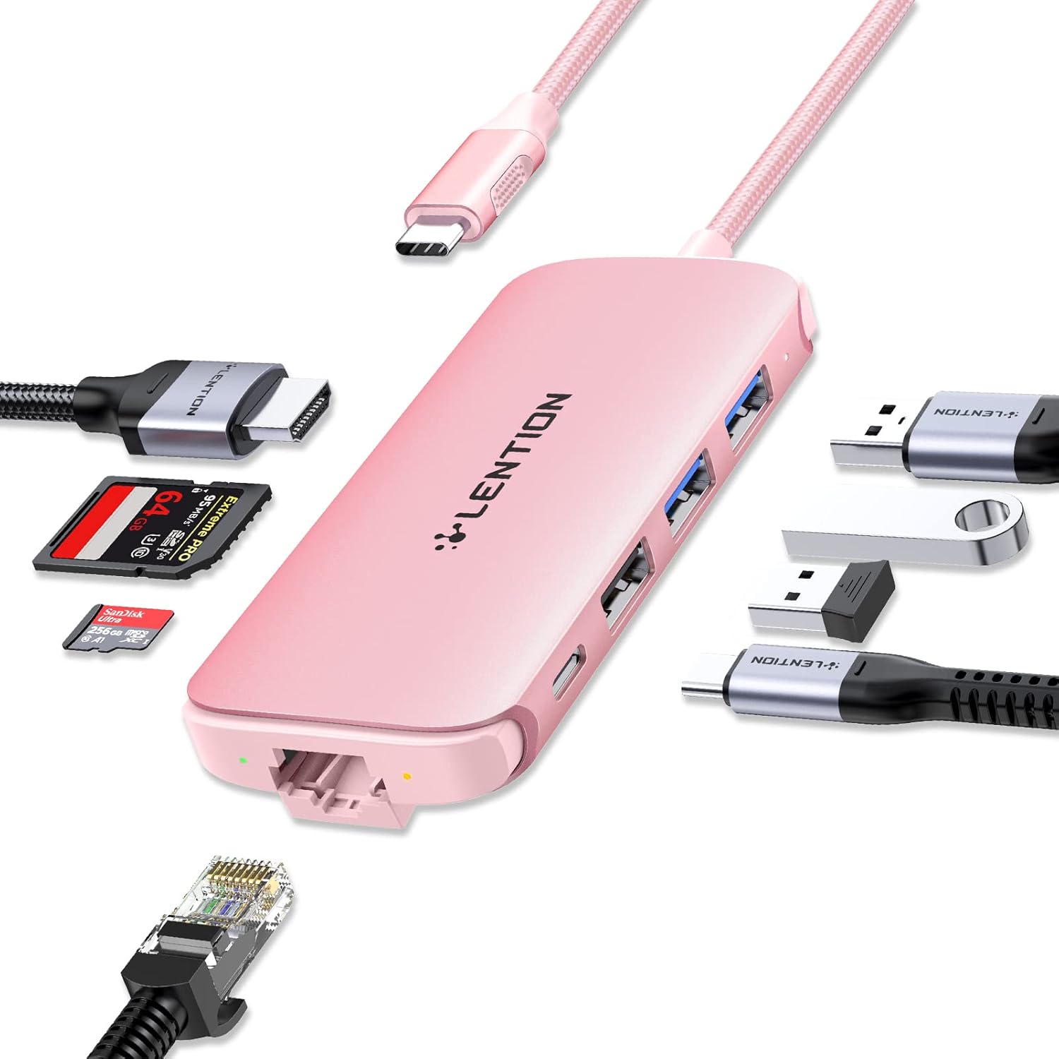 LENTION Ultra-Thin USB C Hub with Ethernet, 4K HDMI, USB 3.0/2.0, Card Readers & PD Adapter for 2023-2016 MacBook Pro 13/14/15/16/M1/M2, New Mac Air & Surface, Chromebook, More (CB-C48, Rose Gold)