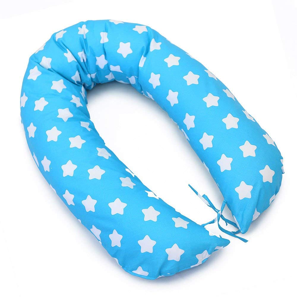 Babymam BREAST FEEDING PILLOW BABY NURSING MATERNITY PREGNANCY COTTON COVER 170CM (Big white stars on turquoise background)