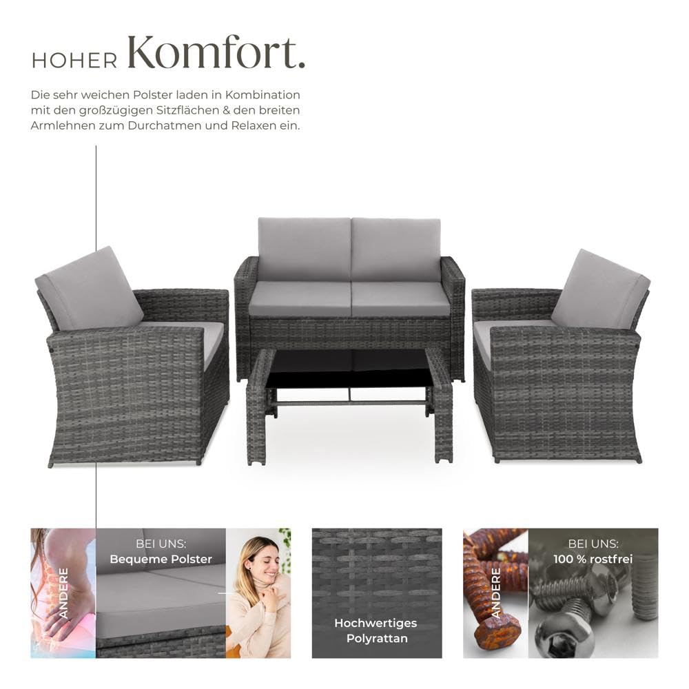 tectake Lounge Gartenmöbel Set Poly Rattan für den Garten, Möbel für den Balkon, 12-teilige Garten Lounge (wetterfest), Essgruppe mit Outdoor Sofa, Sessel und Tisch für 4 Personen (Grau/Hellgrau)