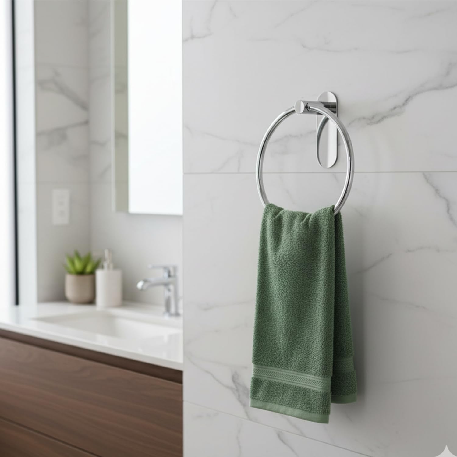 OSLEN Stainless Steel Self Adhesive Round Towel Ring | No Drilling Wall Mounted Bathroom Accessories | Durable Napkin Hand Towel Holder for Kitchen, Wash Basin, Home and Hotels (Chrome Finish) 4