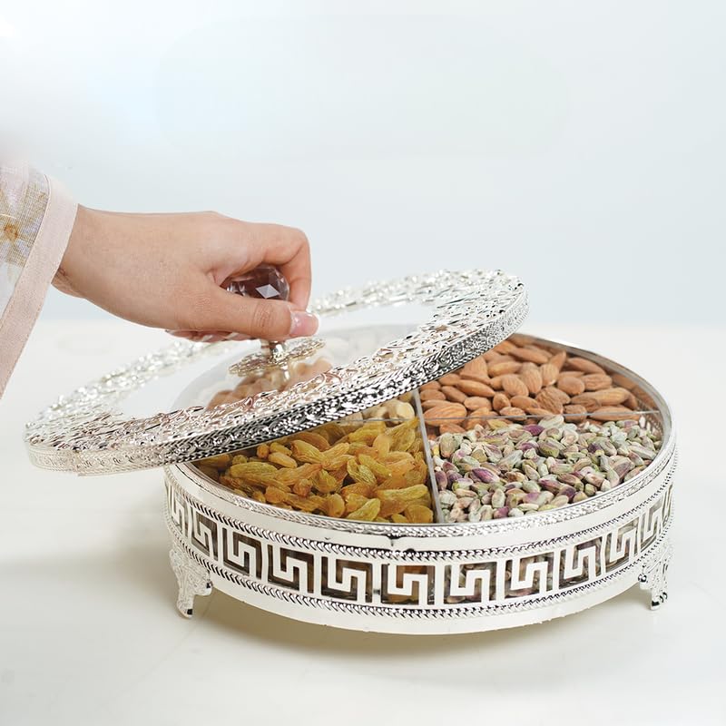 Dora Gifting Luxury Round Decorative Dryfruit Empty storage box with Cutout Design Enemal finish 4 Section, Dryfruit storage container,Dryfruit Gift Box for Wedding, Diwali, Festival, Color- Silver