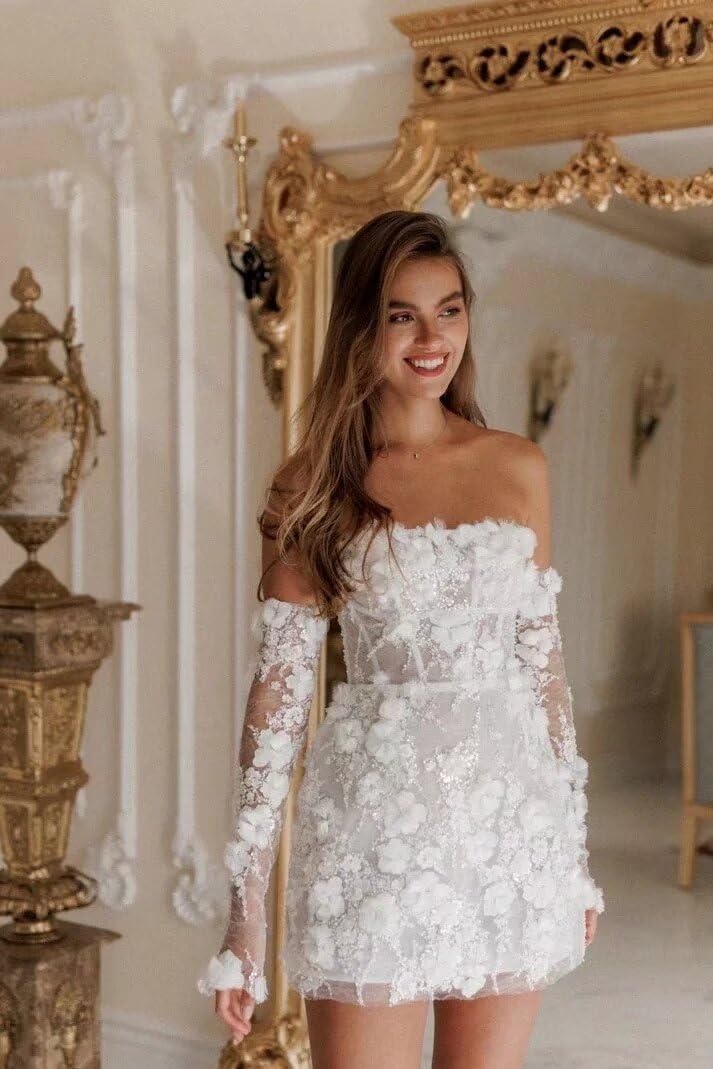 Smileven Short Wedding Dresses for Bride 2025 Lace Mini Formal Bridal Gowns with Sleeves