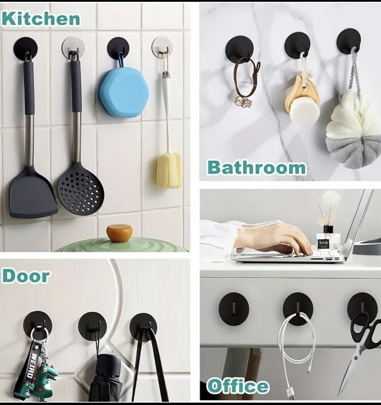 OSLEN 4 PS Self Adhesive Stainless Steel Hooks Heavy Duty Shower Hook Waterproof, Black Stick on Hooks for Hanging Coat/Hat/Towel Robe Clothes, Removable Bathroom Adhesive Wall Hooks(Without Drilling) 3