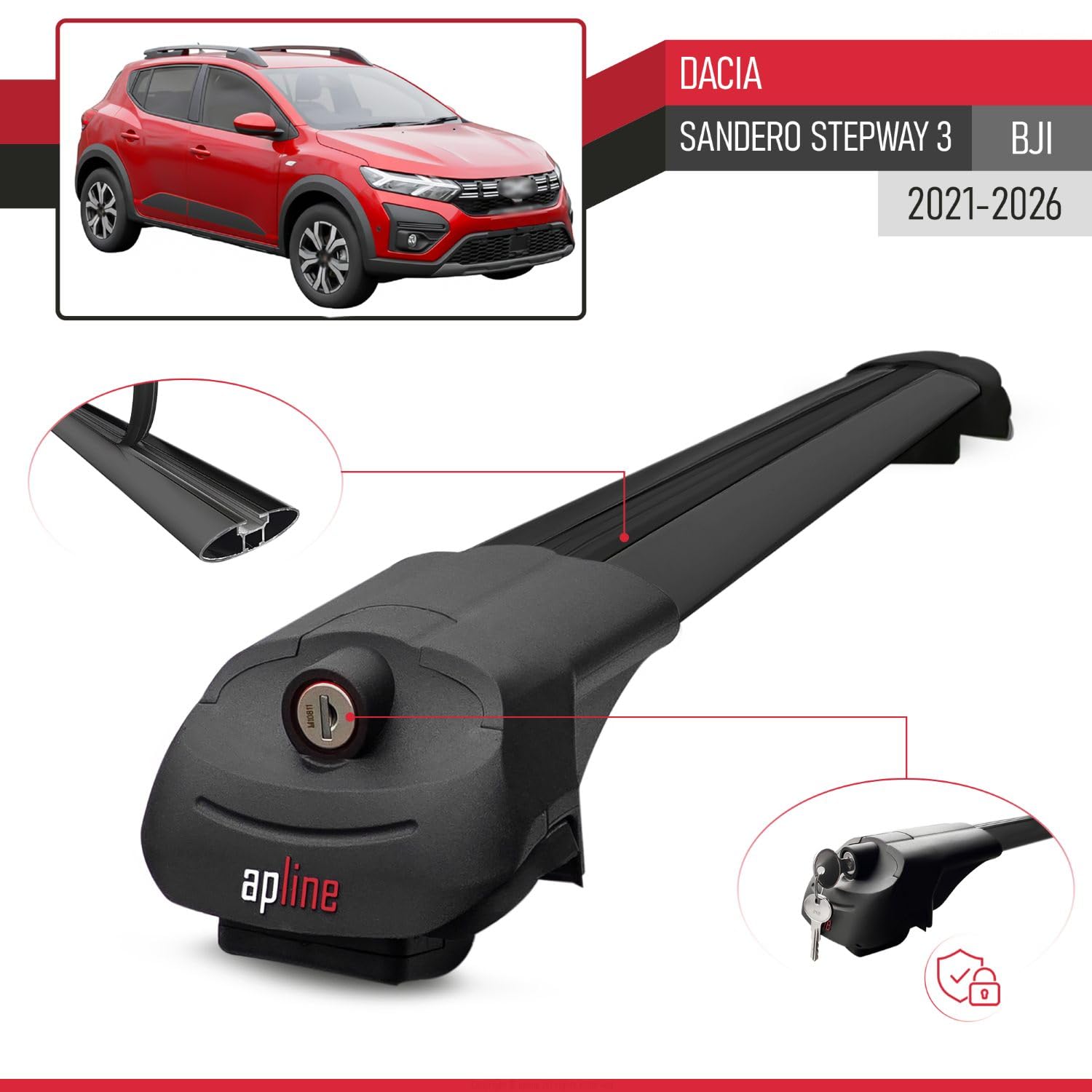 Compatibile con Dacia Sandero Stepway 3 (BJI) 2021-2026 Modello ACE-1 Barre Tetto Portapacchi Auto Barre Portatutto Nero Alluminio 2 Barre
