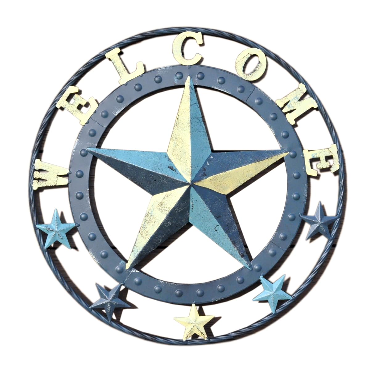 Gaklivdi Large Metal Circle Star Wall Art Yellow & Ocean Blue Star Sculptures Home Decor for Indoor Living Room, Bedroom, Bathroom,or Ourdoor Countyard, Frontdoor or Entrywall, 18.2" x 18.2"