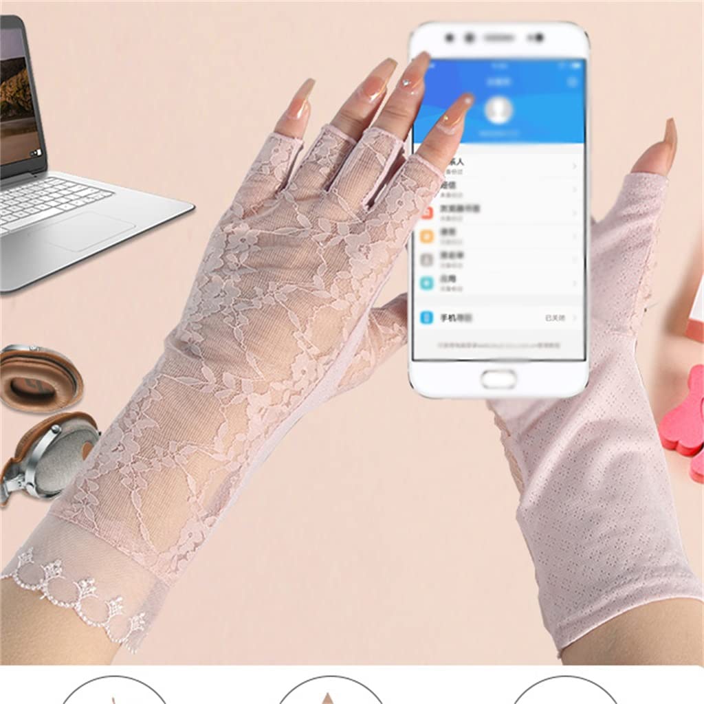 Women's Thin Mid-length Driving Riding Outdoor Ice Silk Lace Half-finger Gloves