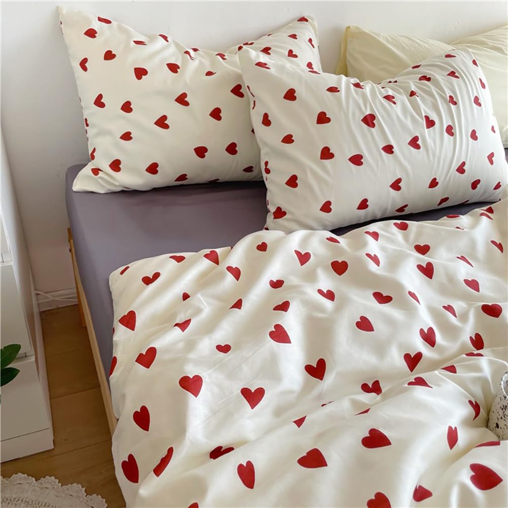 AShanlan Bettwäsche 135x200 4tlg Rot Herzen Bettbezug Kissenbezug 80x80x2 | ÖkoTex Bettwäsche-Sets, 110gsm Microfaser, Rot Weiß Herzchen Bettwäsche mit Reißverschluss, 4teilig
